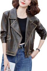 Women Sports Motorcycle Pu Leather Jacket Zipper Long Sleeve Notched Lapel Vintage Outerwears