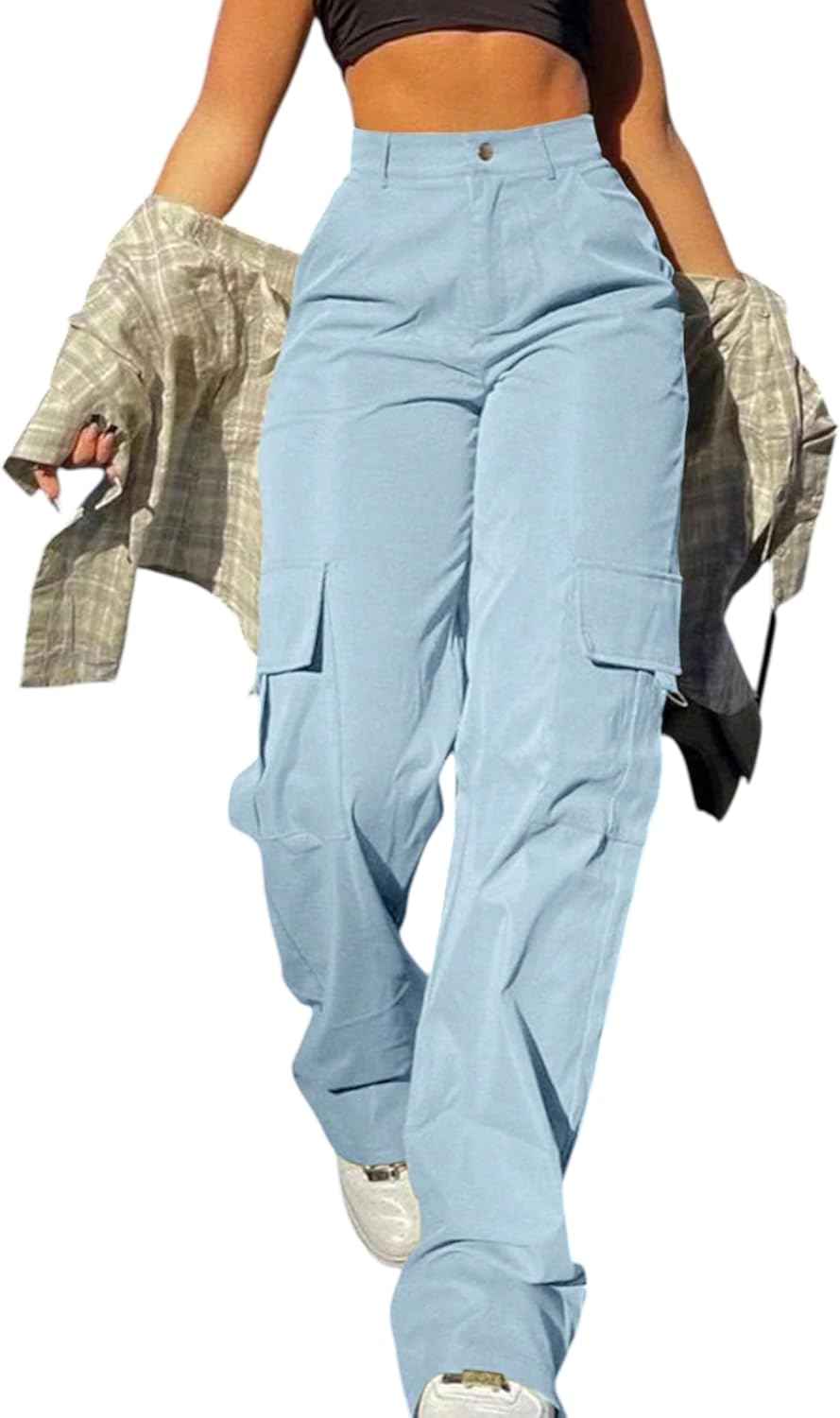 Women's Black Cargo Pants High Waisted Work Pants Casual Baggy Trousers Streetwear Y2K Wide Leg Cargo Jeans with Pockets