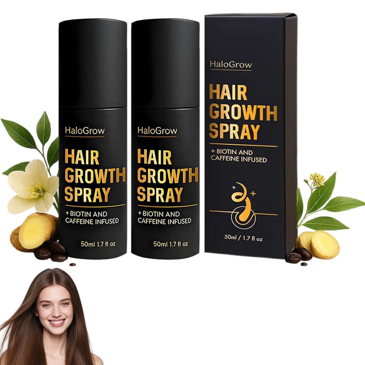HaloGrow Hair Growth Spray, Hair Growth Oil Spray - Fights Hair Thinning & Hair Loss, HaloGrow Hair spray – Promotes Thicker, Fuller hair for Women & Men – All Hair Types (2 Bottles)