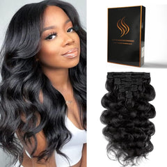 Clip in Hair Extensions Real Human Hair Body Wave 1B Natural Black Clip in 100% Brazilian Remy Human Hair Extensions 8pcs Per Set with 18 Clips Double Weft 16 Inch 90g/3.6oz