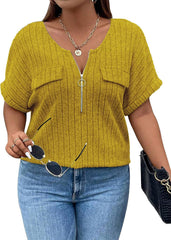 Viracy Plus Size Top for Women Short Sleeve Blouses Zip-up V Neck Top Womens Fashion 2025 Trendy Casual Work Shirt 1X-5X