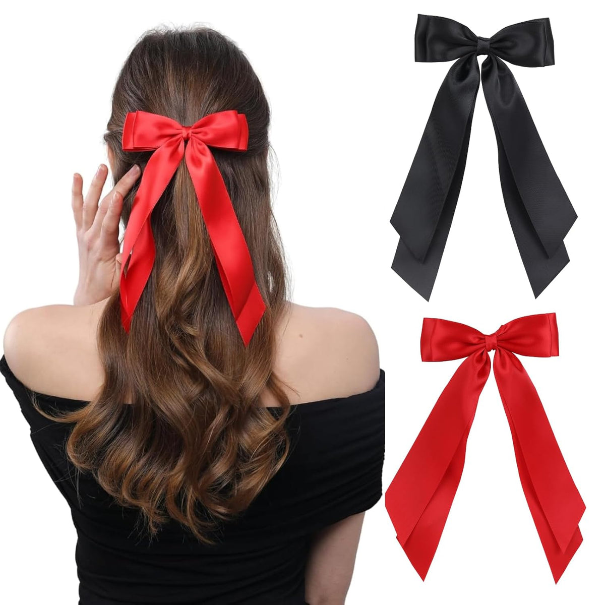 LuSeren 2 PCS Double Layer Hair Bows Red Hair Ribbon Clips Ponytail Holder Accessories for Women Girls Toddlers Teens Kids
