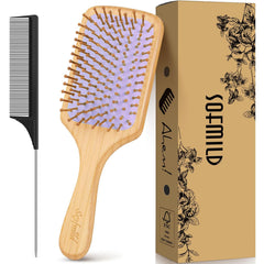 Hair Brush-Natural Wooden Bamboo Brush and Detangle Tail Comb, Paddle Hairbrush for Women Men and Kids Make Thin Long Curly Hair Health and Massage Scalp