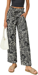 Women's Palazzo Pants Wide Leg High Waisted with Pockets Casual Lightweight Trousers Elastic Waist Summer Beach