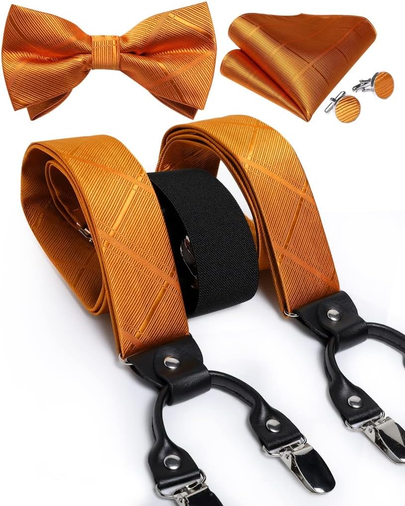 Vintage Silk Men's Bow Tie Set Trousers Strap Casual Real Leather 6 Clips Elastic Suspender Braces