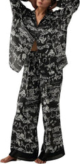 Women Satin Pajamas Set 2 Piece Western Cowgirl Silk Pjs Long Sleeve Floral Pjs Wide Leg Pants Button Down Loungewear