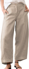 Huaqiao Womens Linen Palazzo Pants Elastic Waist Button Down Casual Wide Leg Trousers with Pockets