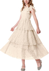 Mebius Girls Lace Maxi Long Dress Ruffle Sleeve Crewneck Tiered A-Line Swing Wedding Party Dresses
