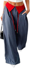 GORGLITTER Women's Plus Size Striped Pants Baggy Dressy Travle Pants Wide Leg Color Block Trousers