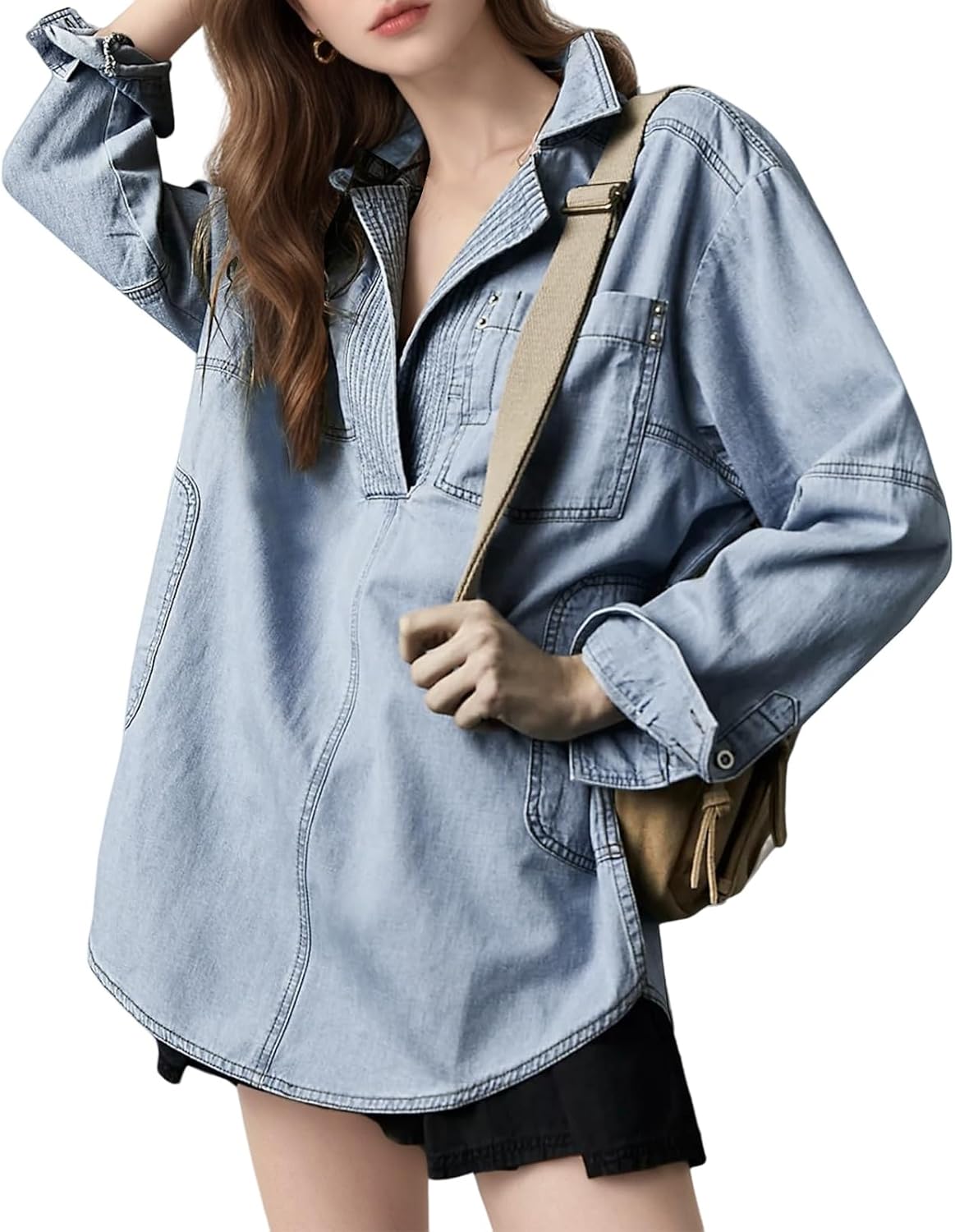 Women's Denim Shirts Long Sleeve Button V Neck Blouse Casual Loose Fit Pullover Tops Comfy Jean Jacket with Pocket