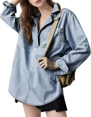 Women's Denim Shirts Long Sleeve Button V Neck Blouse Casual Loose Fit Pullover Tops Comfy Jean Jacket with Pocket
