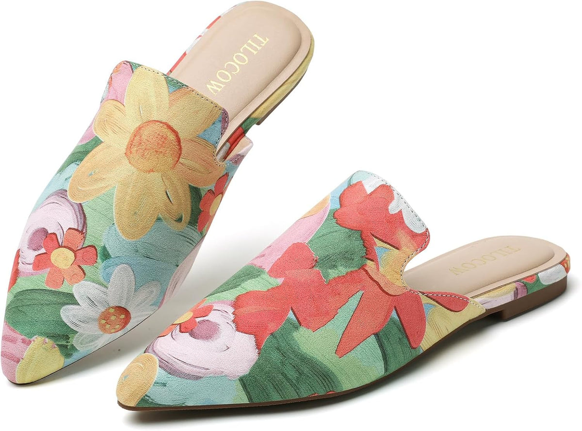 Tilocow Mules for Woman Comfortable Pointed Toe Backless Loafers Flat Mule Business Casual Shoes Slides Slip on