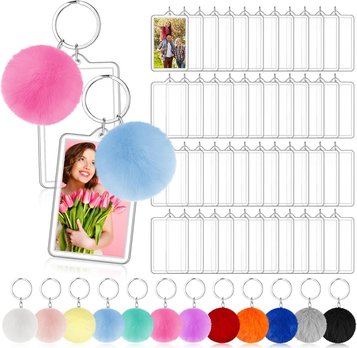 Henoyso 24 Pcs Halloween Photo Keychain Acrylic Picture Keychains with Colorful Fluffy Poms Photo Ornament (2 x 3 Inches)