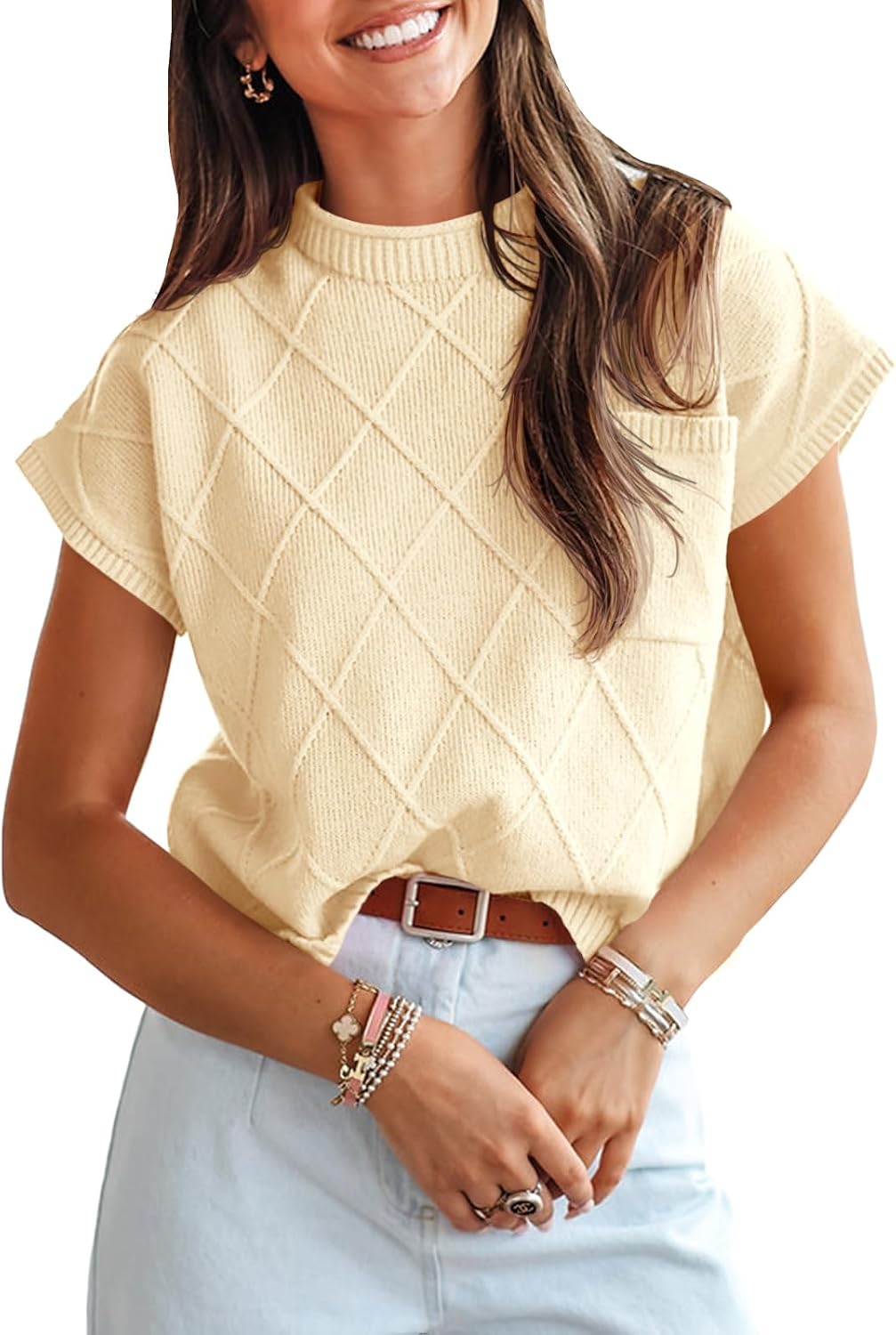 Saodimallsu Womens Summer Mock Neck Sweater Cap Sleeve Lightweight Sweater Vest Casual Loose Knit Pullover Tank Tops