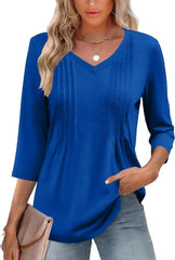 Romanstii Shirts for Women 2025 Summer 3/4 Length Sleeve Womens Tops Dressy Casual Pleated Blouses V Neck Tee Shirts S-3XL