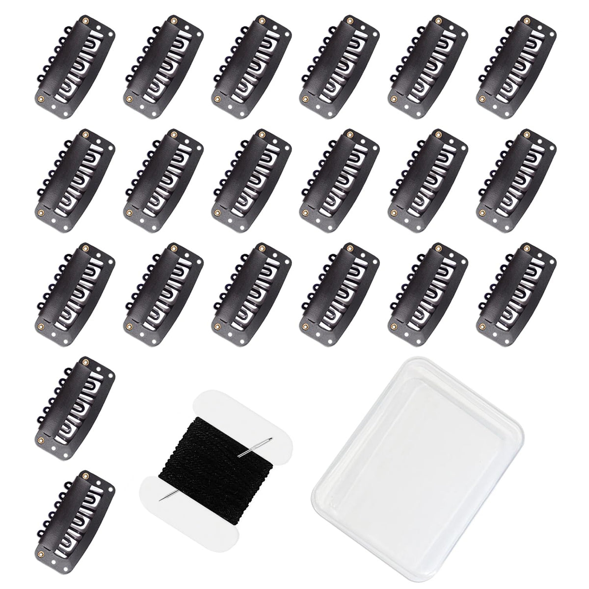 30 Pcs 32mm 6-Teeth U-Shape Wig Clips for Clip-in Hair Extensions, with DIY Needle and Thread Kit – Snap Hair Clips for Hair Extensions Clip-ins (Black)