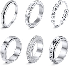 Fidget Rings for Anxiety 6pcs Stainless Steel Spinner Ring Anti Anxiety Ring Spinning Moon Star Cool Stress Relieveing CZ Band Rings Set for Women Men