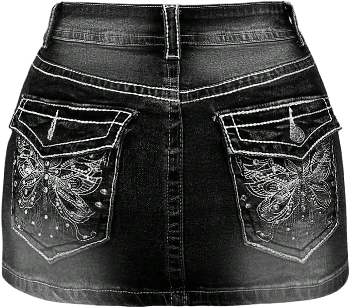 Floerns Women's Y2k Butterfly Denim Skirts Low Waist Stretch Bodycon Mini Skirt