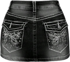 Floerns Women's Y2k Butterfly Denim Skirts Low Waist Stretch Bodycon Mini Skirt