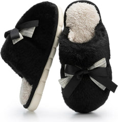 Cute Women's Memory Foam House Slippers - Fuzzy Plush Faux Fur Slippers with Bow Butterfly Tie - Anti-Skid Indoor/Outdoor Gifts for Women, Moms & Ladies