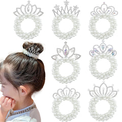 4 Pcs Beaded Hair Accessories - White Pearl Beads Crystal Crown Scrunchies, Elastic Ponytail Holders & Princess Hair Rope Ties for Women Girls
