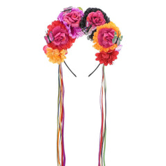 Death of the Day Flower Headband, Mexican Black Red Rose Flower Crown with Ribbon, Dia De Los Muertos Floral Headpiece for Mexican Festival Costume Halloween Cosplay Hair Accessories