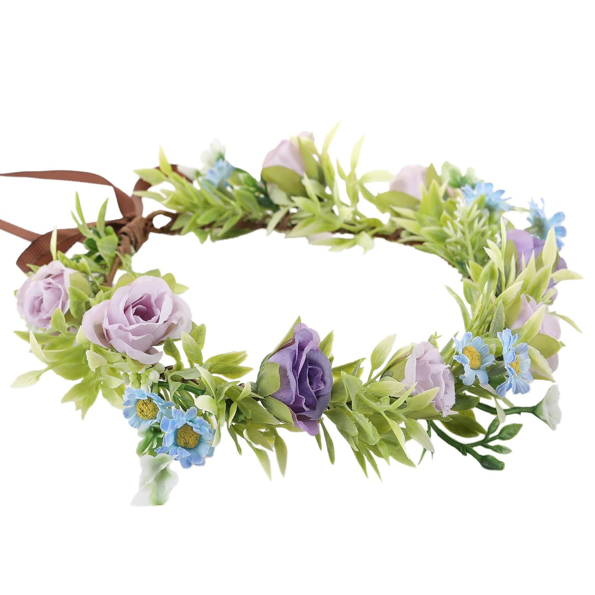 Floral Crown Women Girls - Orange Boho Floral Headpiece with White Green Leaves Charming Fairy Flower Headband for Wedding Photo Shoot Festivals