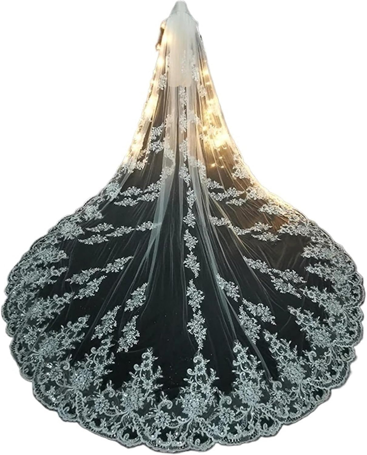 Long Wedding Bridal Veils, Appliqué Edge 1-Tier Tulle Cathedral Veil with Comb, Ivory Girls