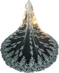 Long Wedding Bridal Veils, Appliqué Edge 1-Tier Tulle Cathedral Veil with Comb, Ivory Girls