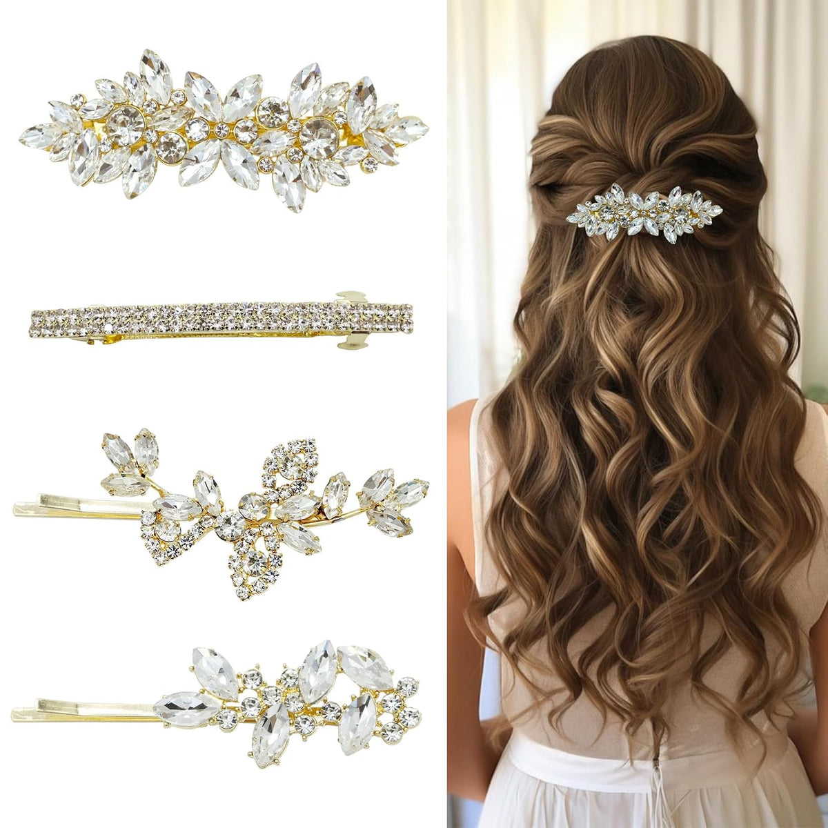 4 Pieces Rhinestone Hair Clips Leaf Wedding Hair Pins Crystal Bobby Pins Silver Bridal Hairpin Barrette for Brides Bridesmaids Flower Girls