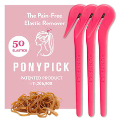 THE PONY PICK Hair Elastic Rubber Bands Cutter Tool Easy To Use, Pain Free, No Hair Damage Ponytail Cutter Tool for Kids & Toddlers (3 Picks & 50 Clear Hair Elastics)