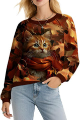 Novelty Cat Print Sweatshirt for Women Casual Fall Long Sleeve Tops Fashion Crewneck Daily Pullover Halloween Funny
