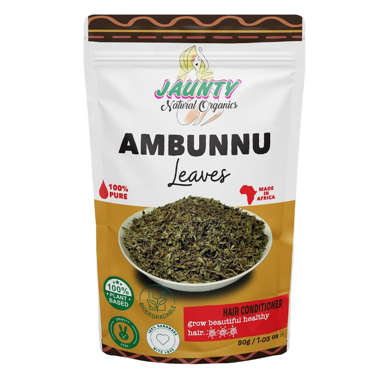 Jaunty Organics Natural Ambunnu Leaves | Herbal Hair Growth and Repair Shampoo , Conditioner & Detangler | Promotes Longer, Thicker and Stronger Hair | 50g packs , Non-GMO, 1.8 Ounce (Pack of 1)