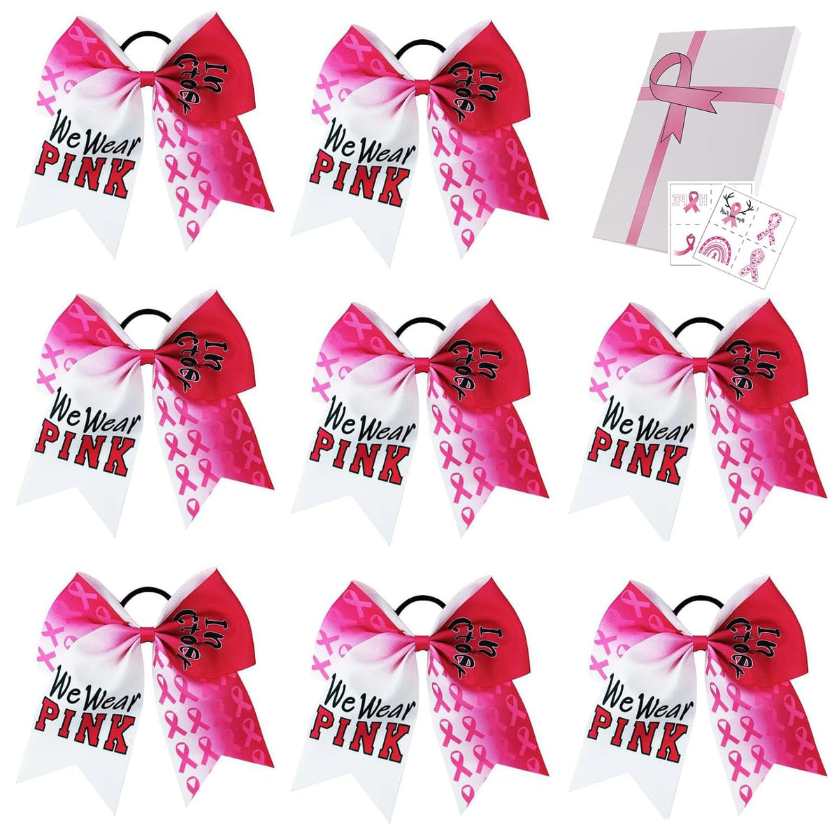7 Inch Breast Cancer Awareness Cheer Bow Large Glitter Hair Bow Pink Ponytail Holder Elastic Hair Ties for Cheerleader Girls Set of 8