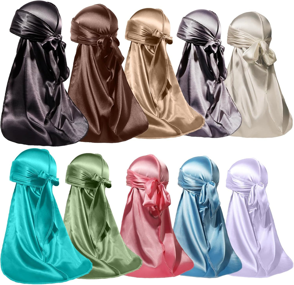 ForceWave 10 Pieces Silky Durags Long Tail for Women Men Satin Durag 360 Wave，Dorag, 10 Pieces