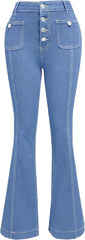 Women's Flare Bell Bottom High Waist Jeans Y2k Vintage Stretch Bootcut Denim Flap Pocket Trouser with Multi-Buttons