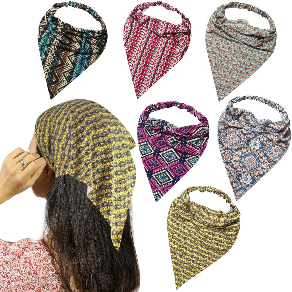 6 Pack Hair Scarf Headband for Women Elastic Bandana Head Scarf Large Boho Triangle Kerchief with Clips Non Slip Scarves