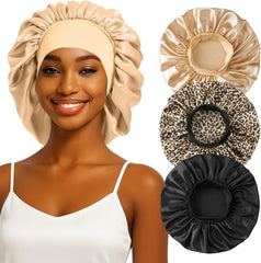 3PCS Silk Sleep Bonnet for Women, Large Satin Hair Caps with Elastic Band for Curly Hair and Frizz Control