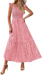 PRETTYGARDEN Womens Summer Dress Casual Square Neck Ruffle Strap Gingham Smocked Midi Flowy A Line Beach Vacation Sun Dresses