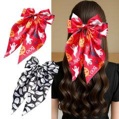 2Pcs Halloween Bow Hair Clips Big Bows Hair Accessories for Women Girls Pumpkin Bat Hair Bows Clips Orange White Hairpins Long Tail Bow Hair Barrettes for Halloween Hairstyle