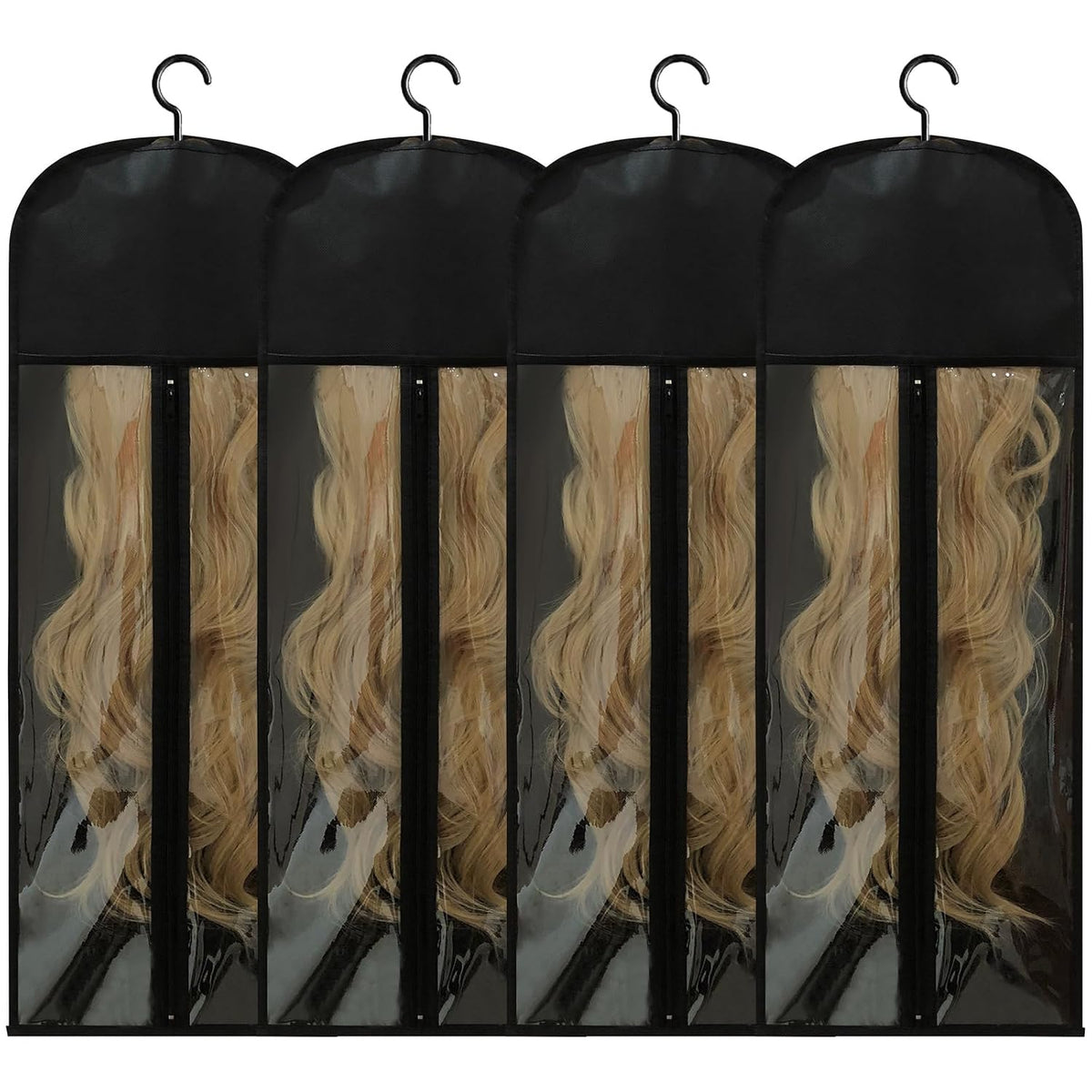 Jonley 4Pcs Extra Long Wig Storage Bags with Hanger, Wig Storage for Multiple Wigs, Wig Bag with Hook Storage, Breathable and Easy Carry Home Hair Salon Travel Use (Black 31.5in)