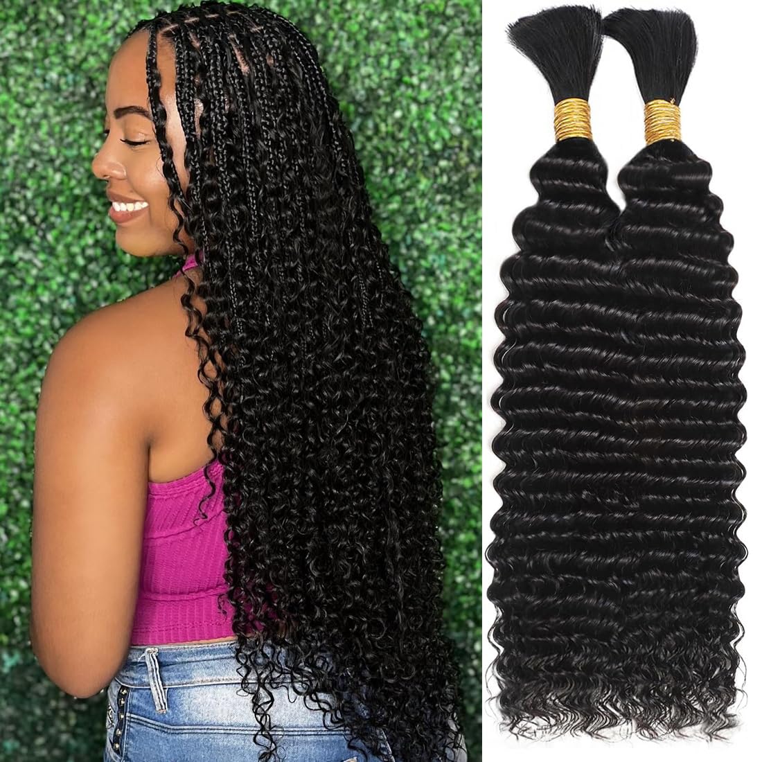 Human Braiding Hair for Boho Braids 110g 20 Inch Deep Water Wave Bulk Human Hair for Braiding No Weft 12A Wet and Wavy Curly Human Hair Extensions 2 Bundles/Pack Natural Color
