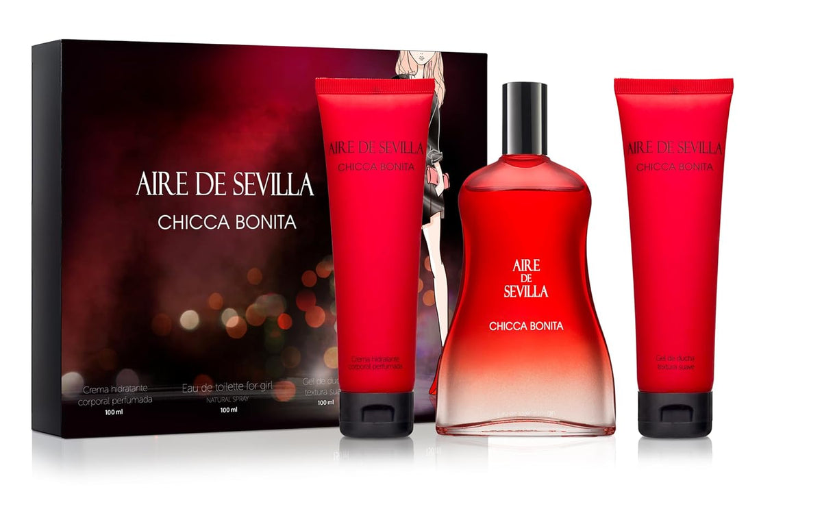 Instituto Español Aire de Sevilla Chicca Bonita Gift Set for Women – Travel Size Eau de Toilette, Body Gel & Body Lotion (100 ml / 3.4 fl oz Each)