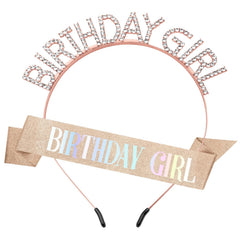 Birthday Sash Birthday Crown for Women, Birthday Girl Sash, Birthday Girl Crown, Glitter Rose Gold Birthday Sash and Crown Rhinestone Headband Set, Happy Birthday Girl Princess Tiara Sash Accessories
