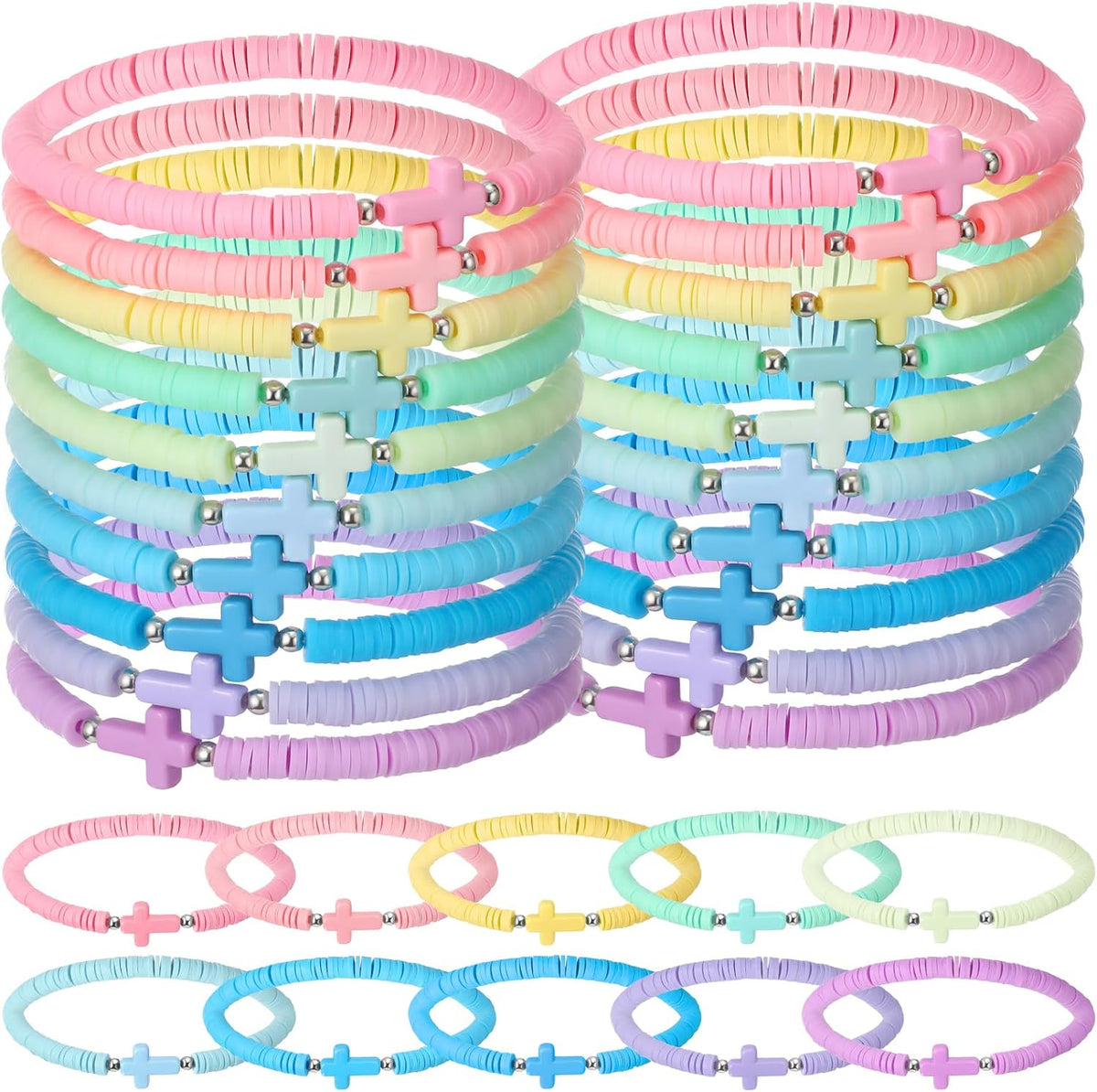 30 Pcs Cross Bracelets Bulk Jesus Bracelets Handmade Elastic Colorful Polymer Clay Beaded Religious Wristbands Christian Wristbands for Women Kids Sunday Halloween Christmas