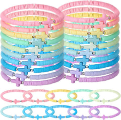 30 Pcs Cross Bracelets Bulk Jesus Bracelets Handmade Elastic Colorful Polymer Clay Beaded Religious Wristbands Christian Wristbands for Women Kids Sunday Halloween Christmas