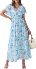 ANRABESS Womens Summer Floral Maxi Dress Casual V Neck Short Sleeve Chiffon Boho Flowy Beach 2025 Wedding Guest Long Dresses