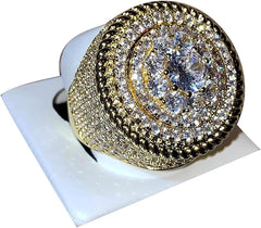Men’s Huge Round CZ Pinky Ring – 14K Gold Finish Iced Out Hip Hop Statement Band, Wedding, Engagement or Promise Ring, Sizes 6-10