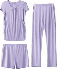 SUNNYBUY Womens Maternity Nursing Pajamas Set, Short Sleeve Breastfeeding Shirts，Pregnancy Shorts & Pants 3 Piece Nursing PJS