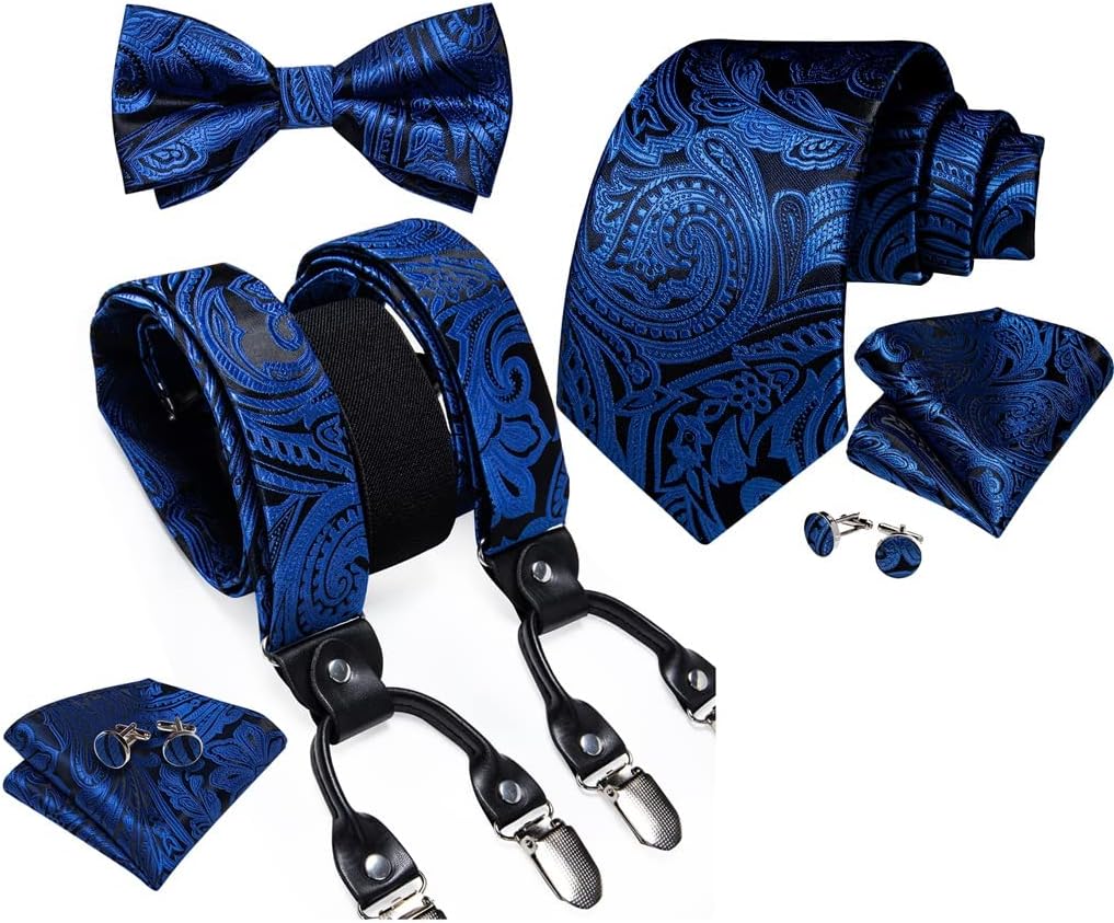 Adjustable Men's Elastic Braces Suspenders for Man Shirt Decor Silk Necktie Bowtie Pocket Square Cuffins Set